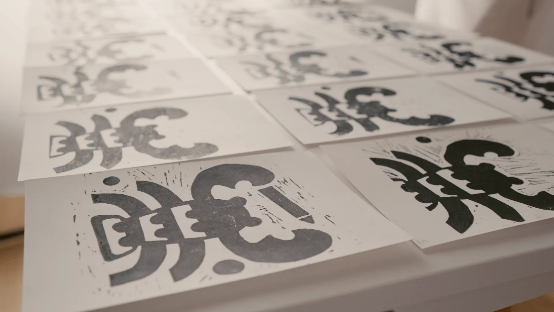 Linocut prints drying